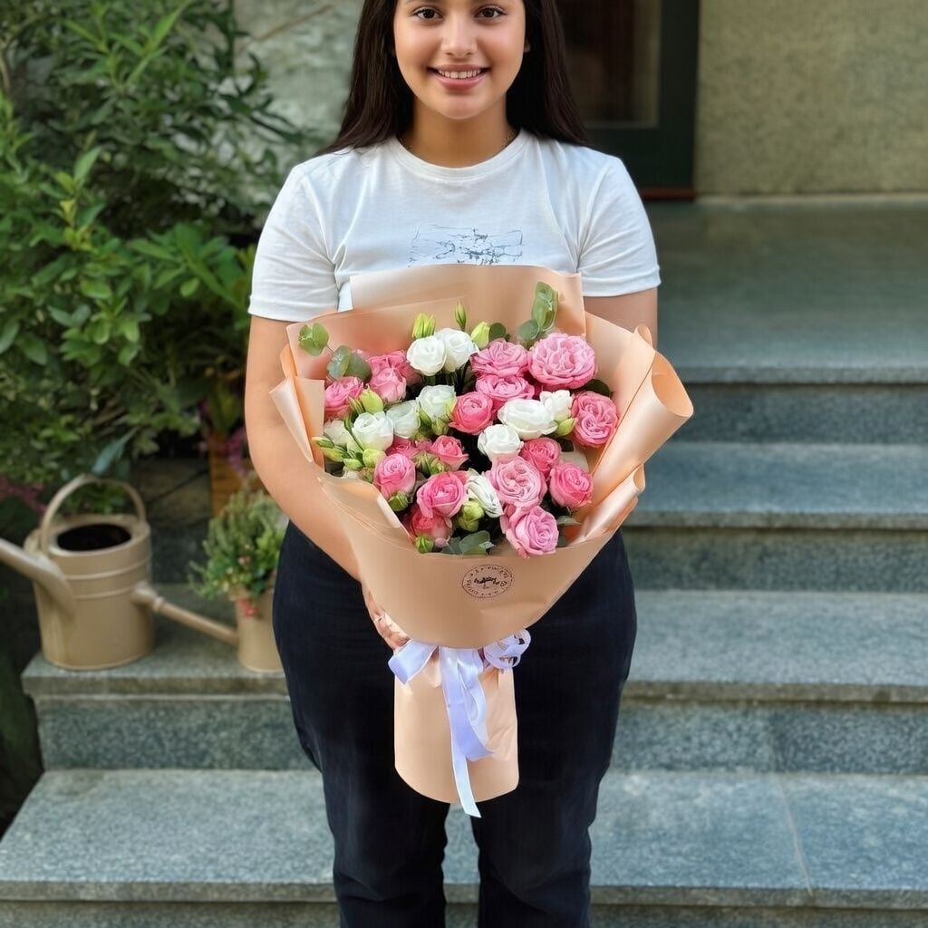 eustoma, eucalyptus, spray rose, packaging, ribbon