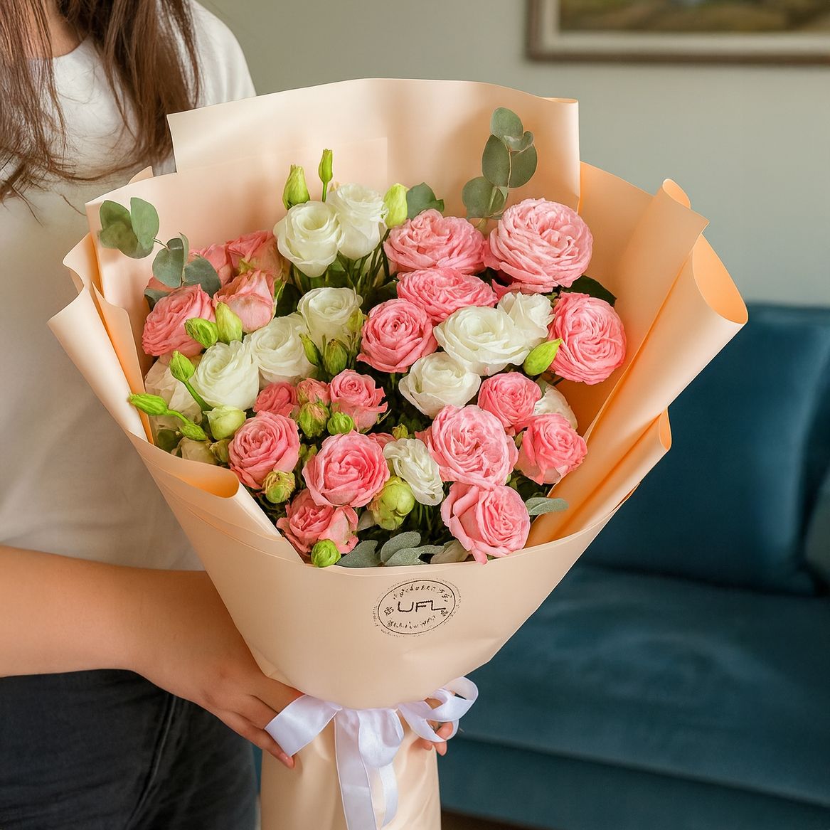 eustoma, eucalyptus, spray rose, packaging, ribbon