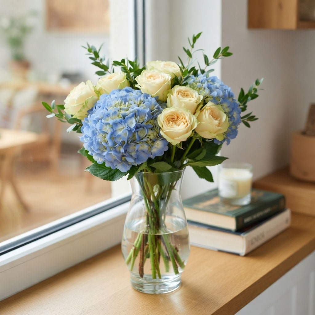 hydrangea, rose (3 pcs.), eucalyptus, packaging, ribbon