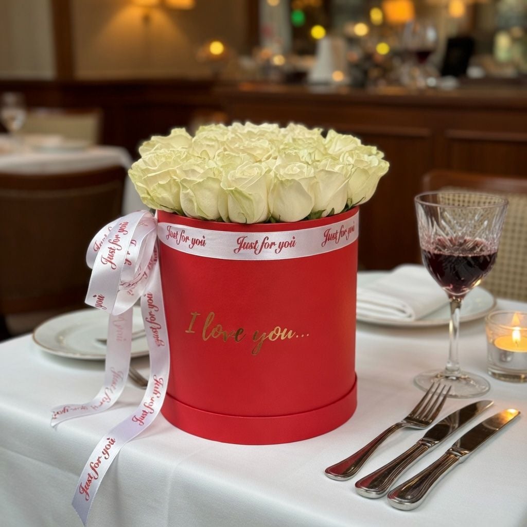 white rose avalanche (19 pcs.), box, oasis, packaging, ribbon