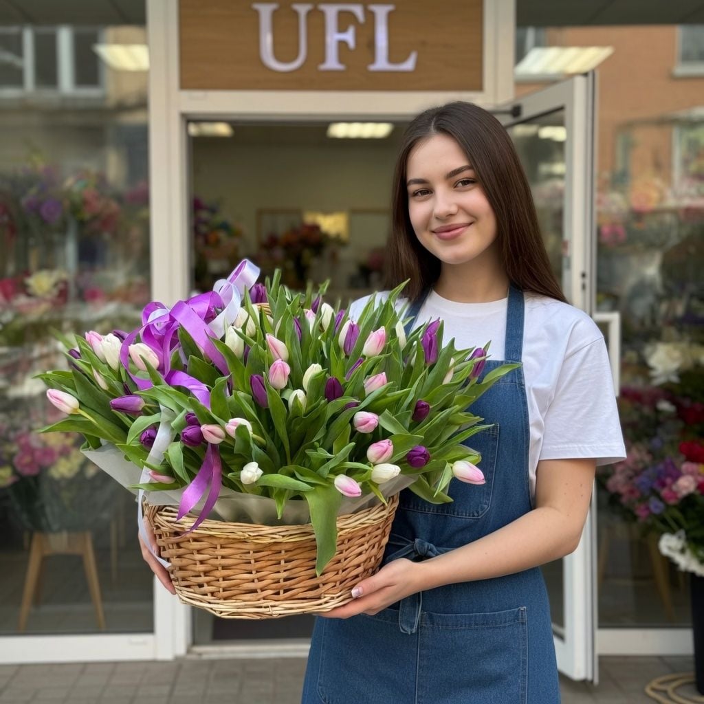 Bouquet �101 tulips mixed in basket
