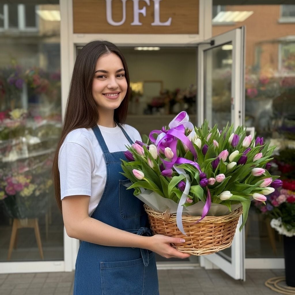 Bouquet �101 tulips mixed in basket
