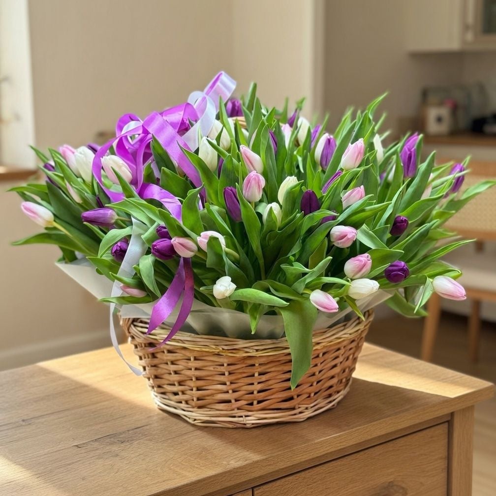 Bouquet �101 tulips mixed in basket
