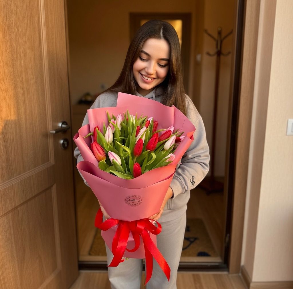 Bouquet 25 red and pink tulips