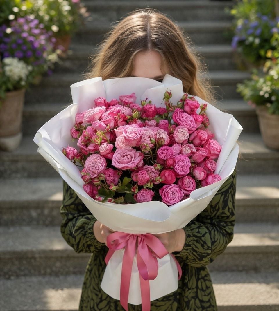 spray rose (13 pcs.), packaging, ribbon