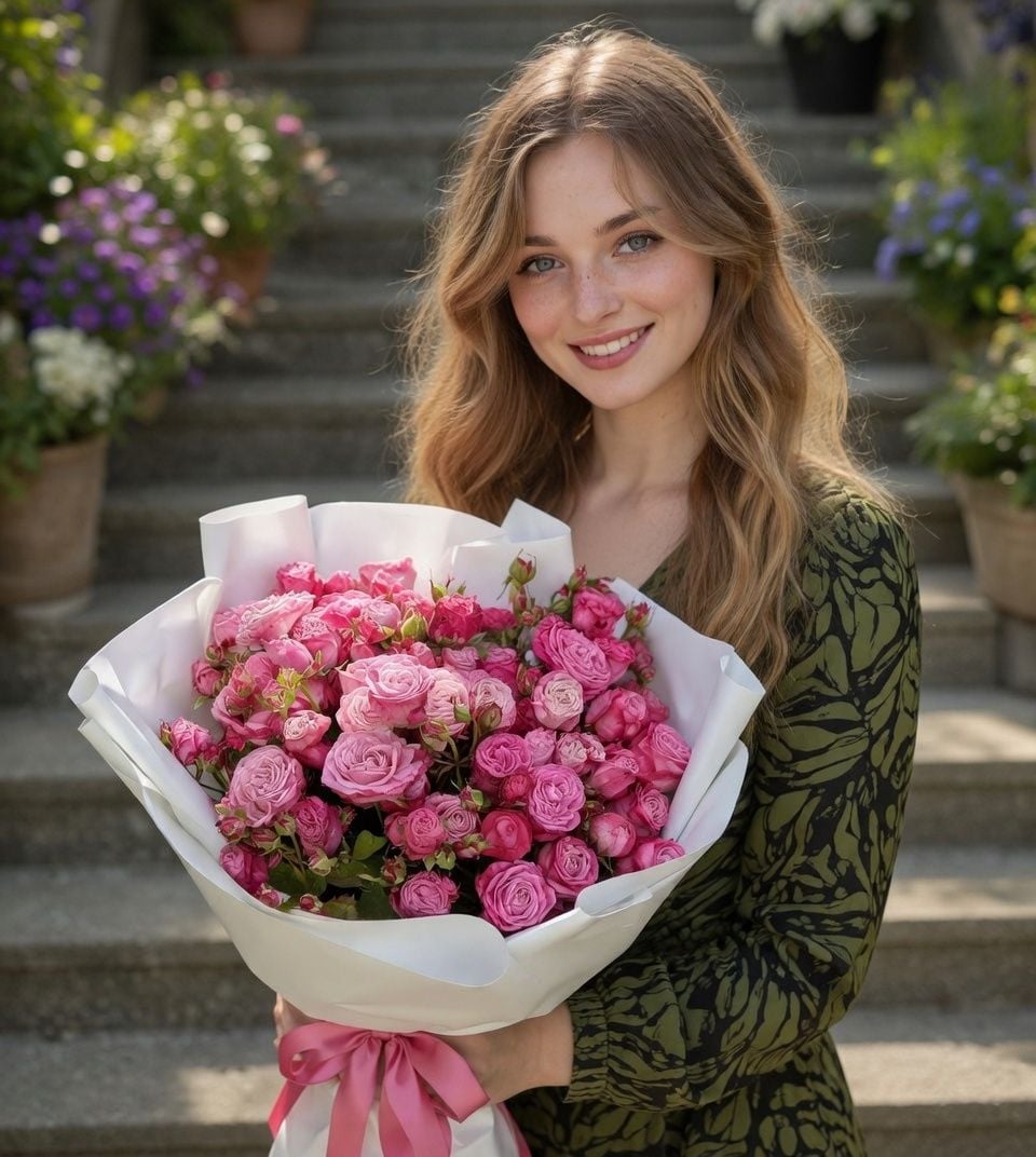 spray rose (13 pcs.), packaging, ribbon