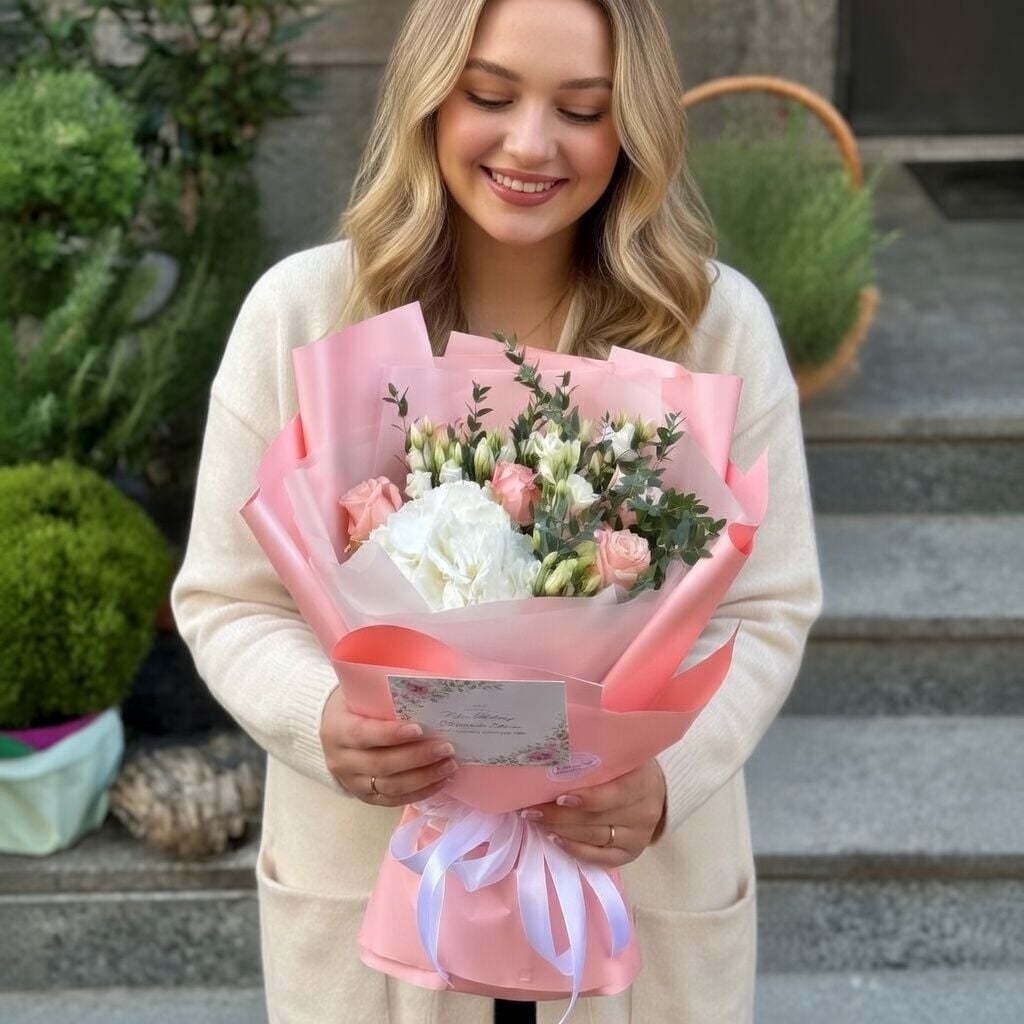 white hydrangea, cream kimberly rose (7 pcs.), white eustoma, eucalyptus, topper, packaging, ribbon