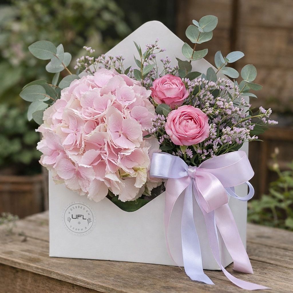 pink hydrangea, spray rose (2 pcs.), limonium, oasis, floral envelope, packaging, ribbon