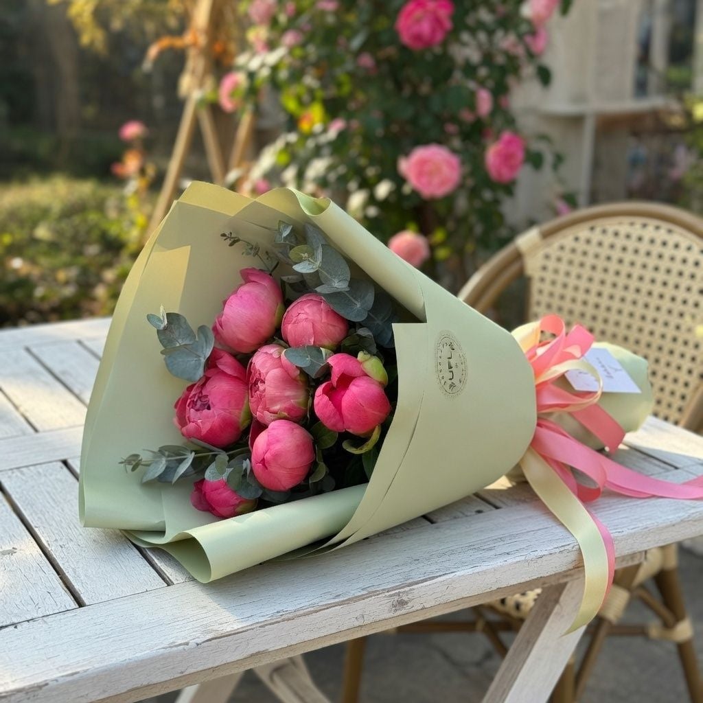 peony coral import (7 pcs.), eucalyptus, packaging, ribbon