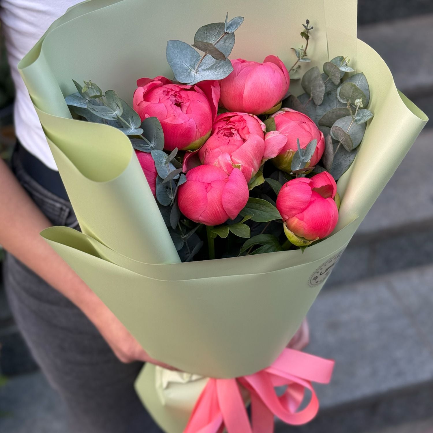 peony coral import (7 pcs.), eucalyptus, packaging, ribbon