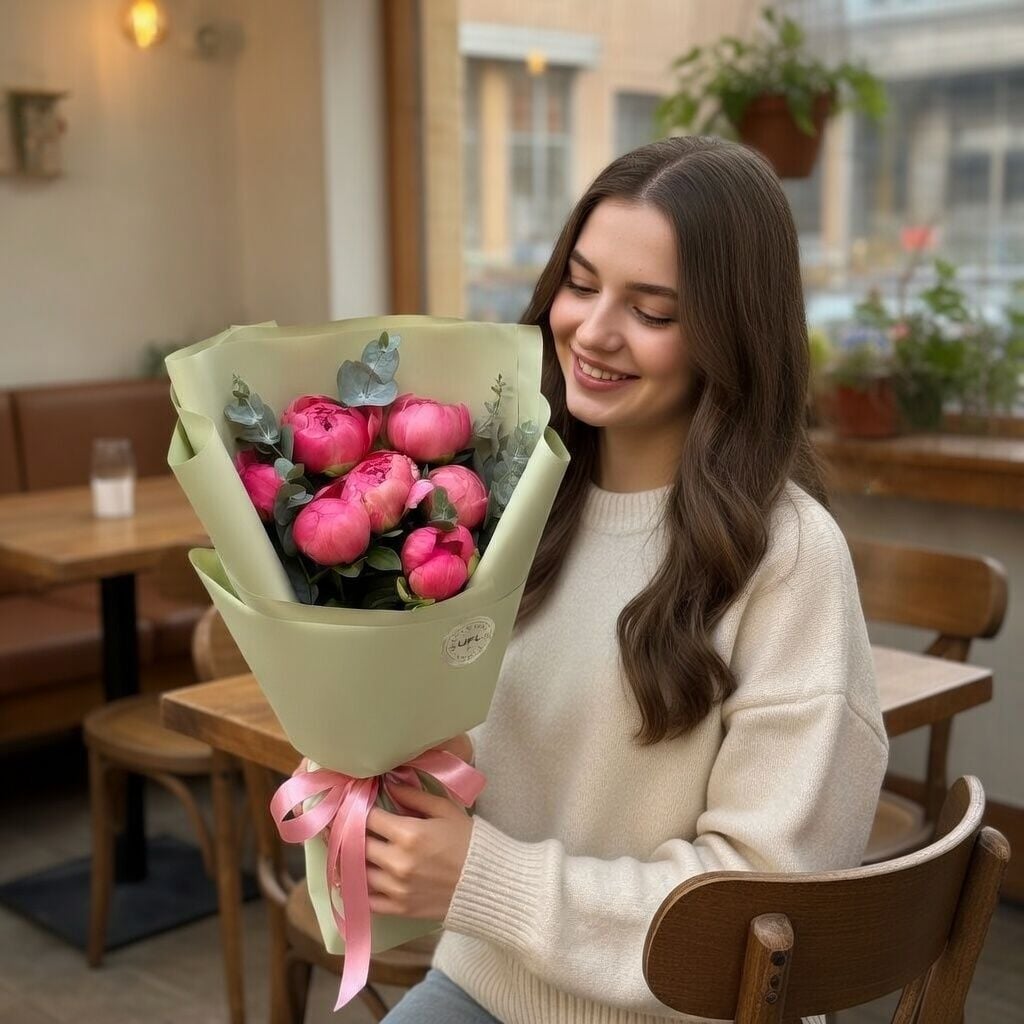 peony coral import (7 pcs.), eucalyptus, packaging, ribbon