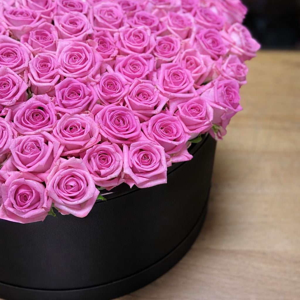 pink rose (101 pcs.), round box, oasis, packaging, ribbon