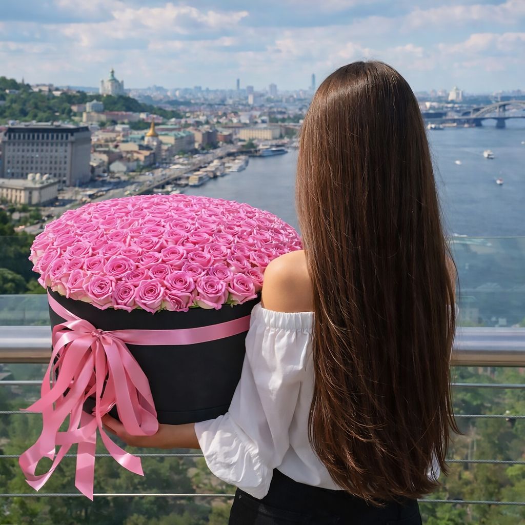 pink rose (101 pcs.), round box, oasis, packaging, ribbon