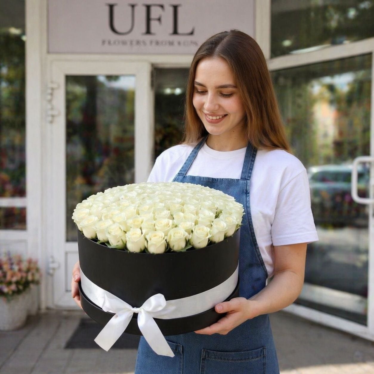 box, oasis, white rose (101 pcs.), packaging, ribbon