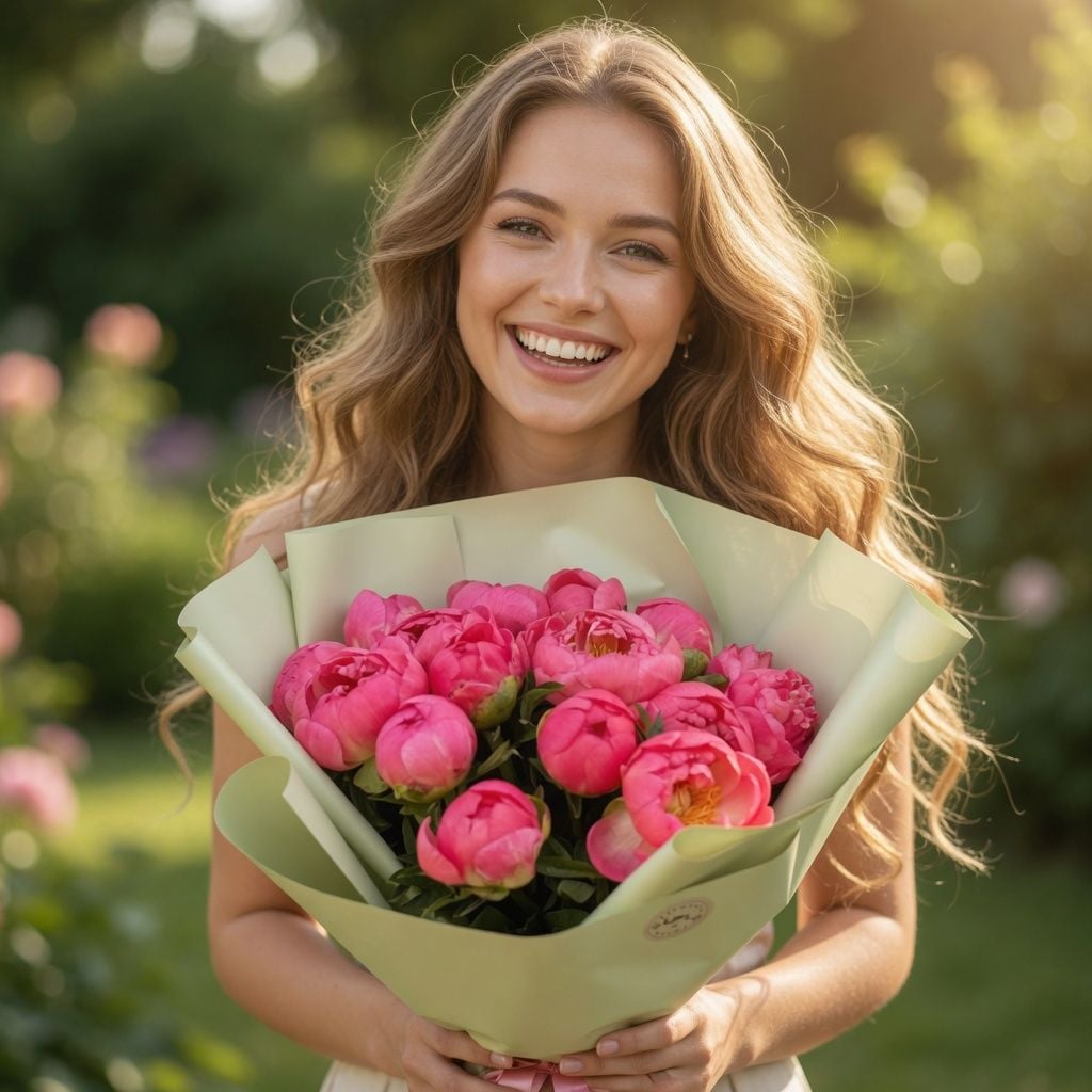peony (15 pcs.), eucalyptus, packaging, ribbon