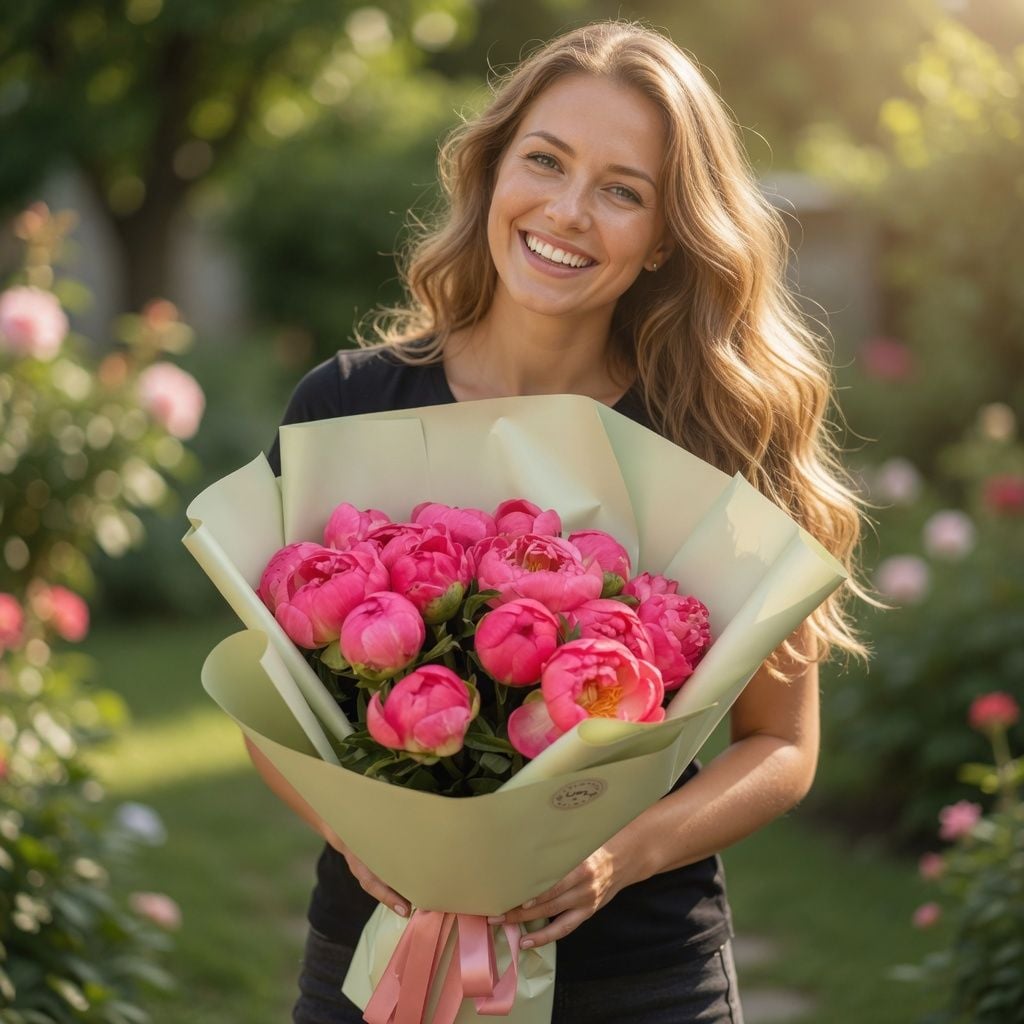 peony (15 pcs.), eucalyptus, packaging, ribbon