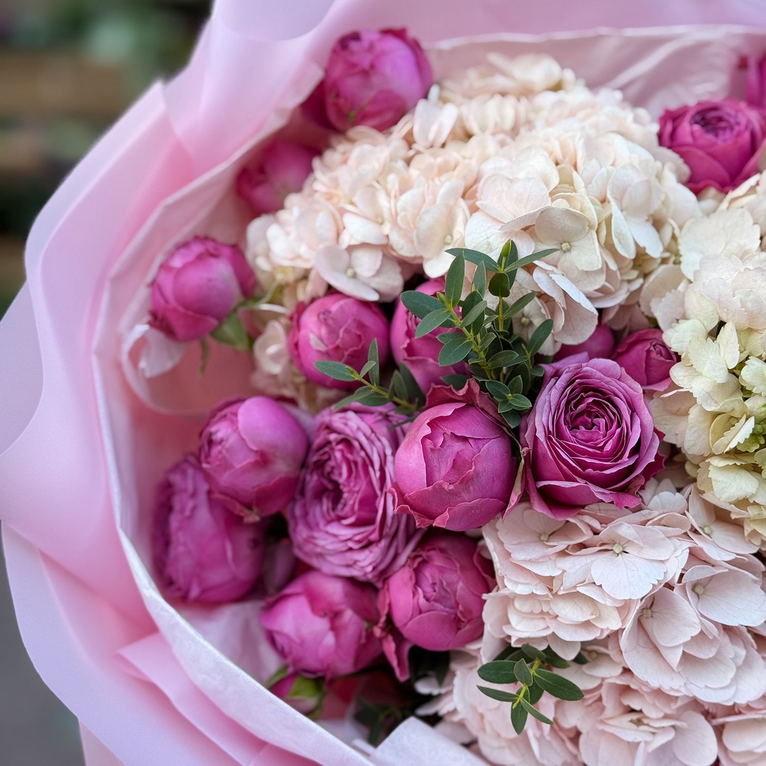 hydrangea, rose (9 pcs.), eucalyptus, packaging, ribbon