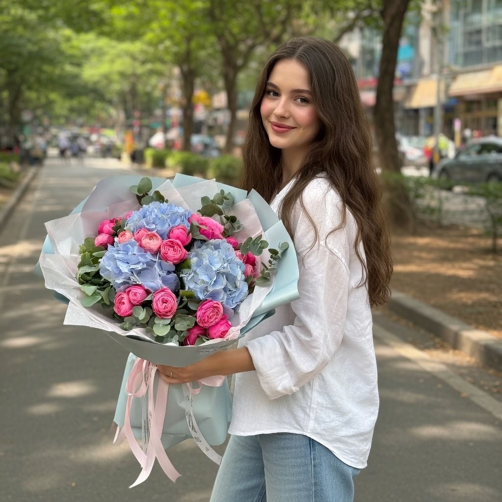 hydrangea, rose (9 pcs.), eucalyptus, packaging, ribbon
