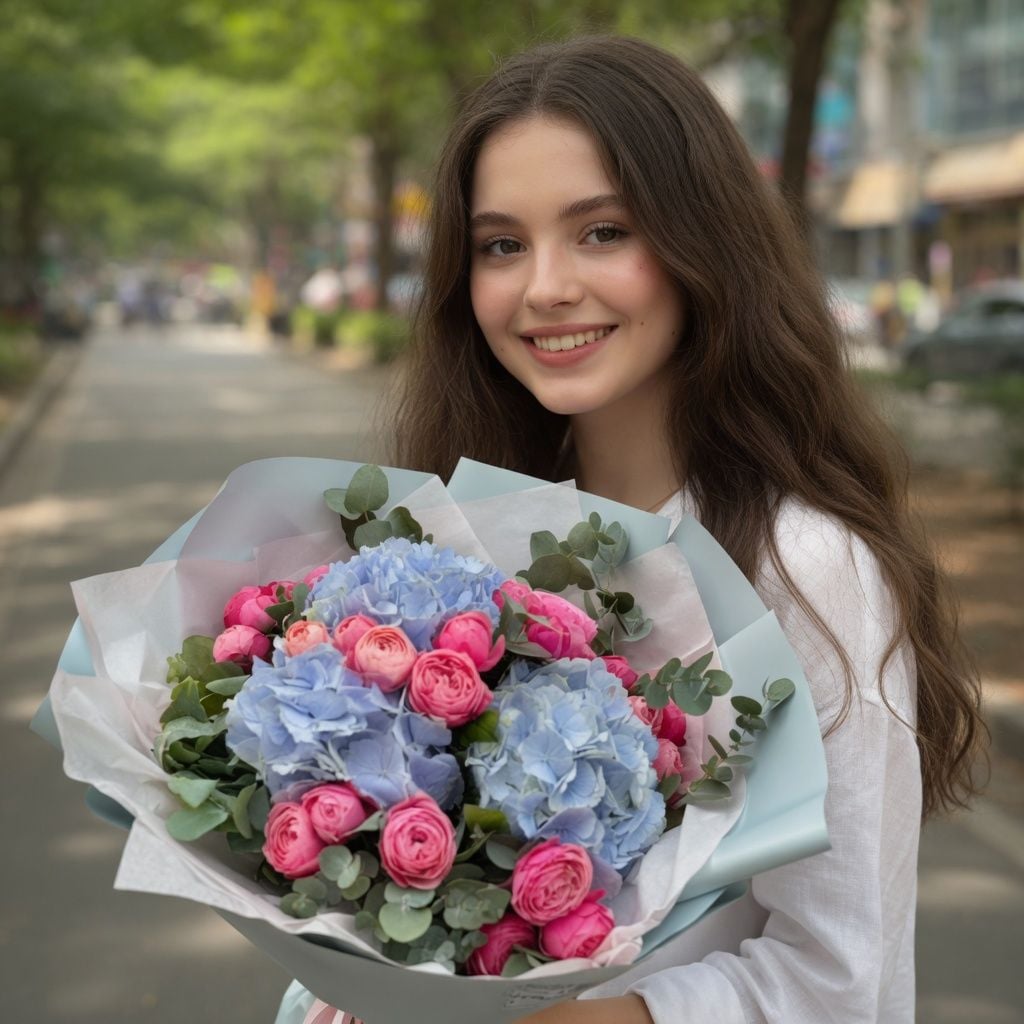 hydrangea, rose (9 pcs.), eucalyptus, packaging, ribbon