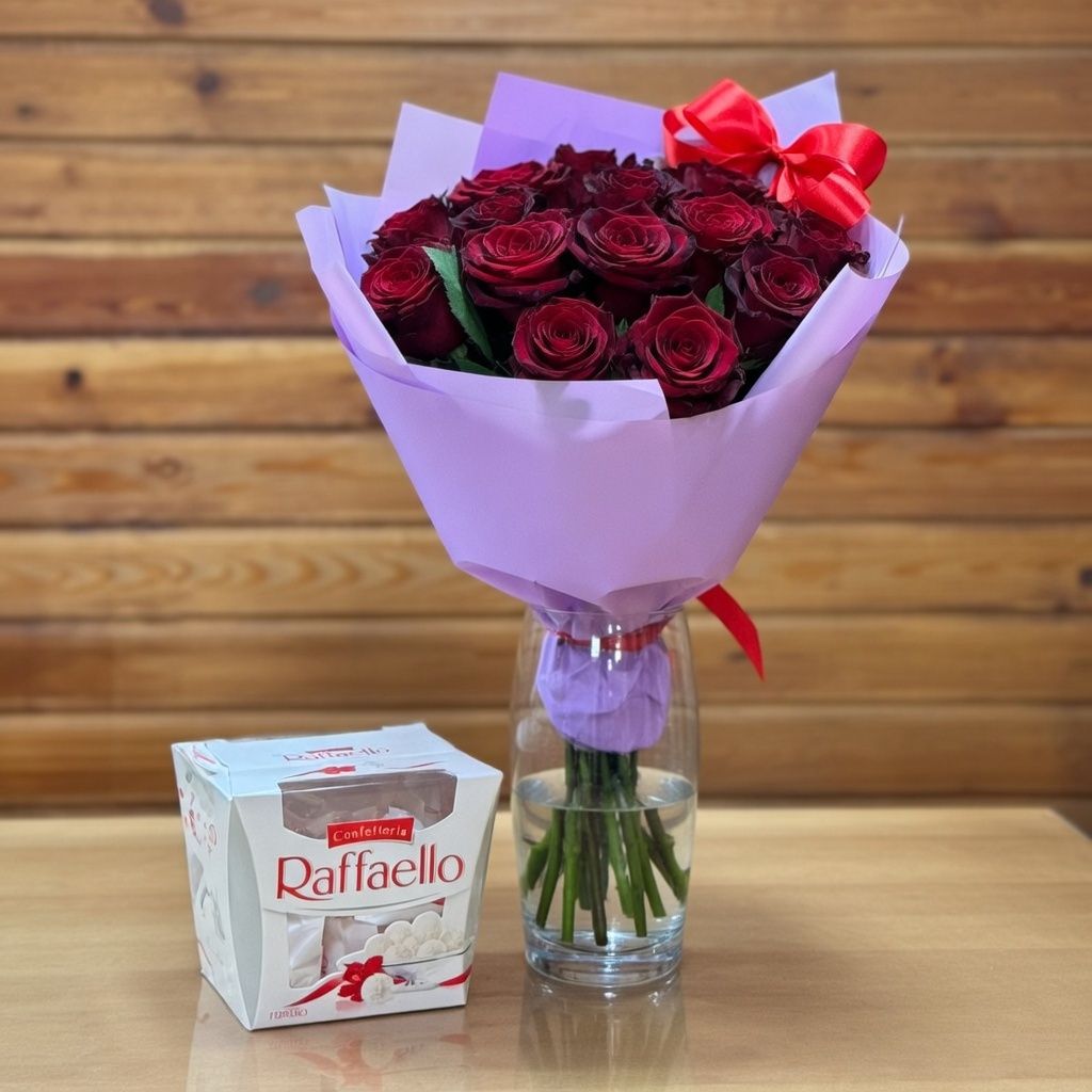 Bouquet 15 red roses + rafaello