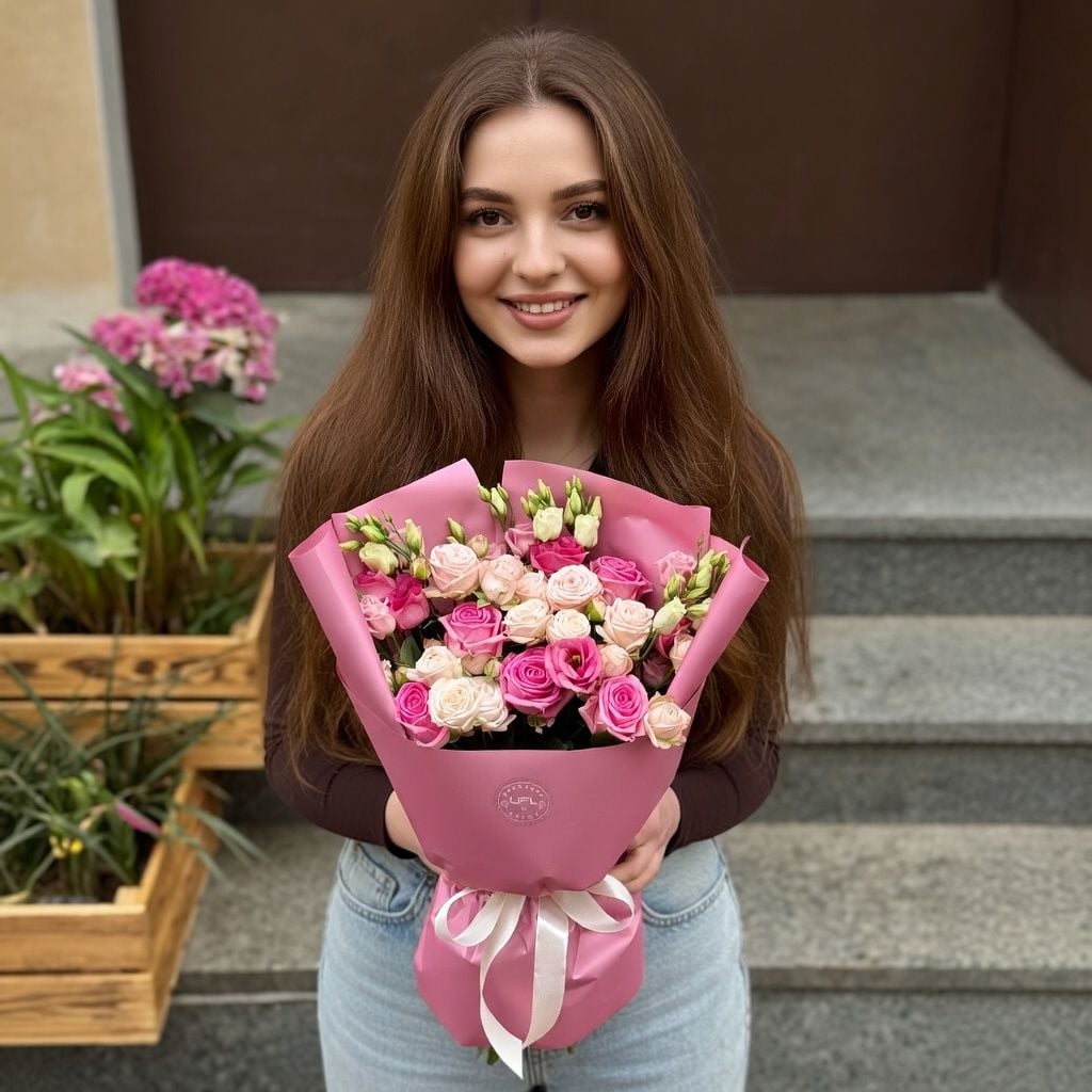 Bouquet Pink mix of roses and eustoma