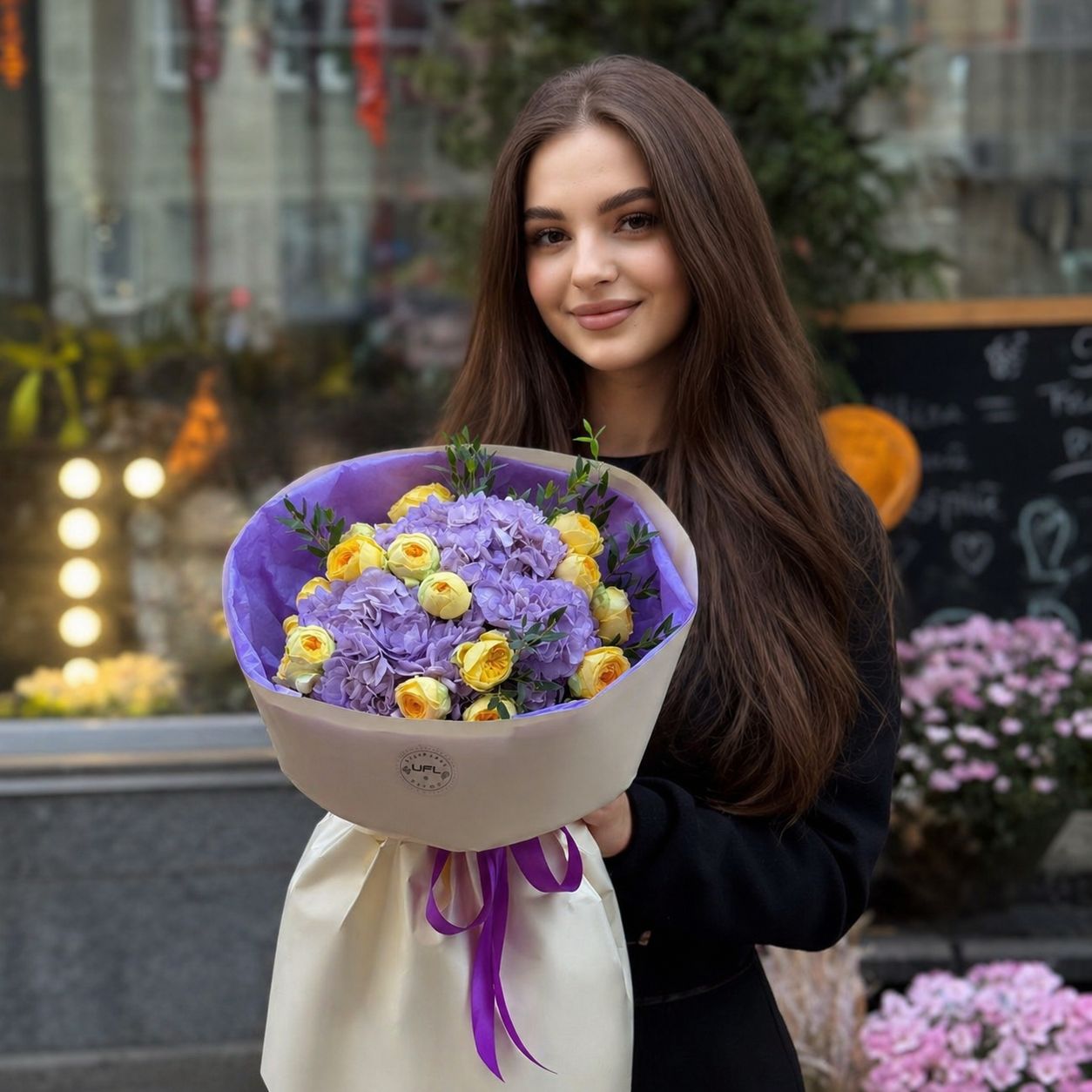 Bouquet Hydrangeas and Yellow Roses Lavender morning