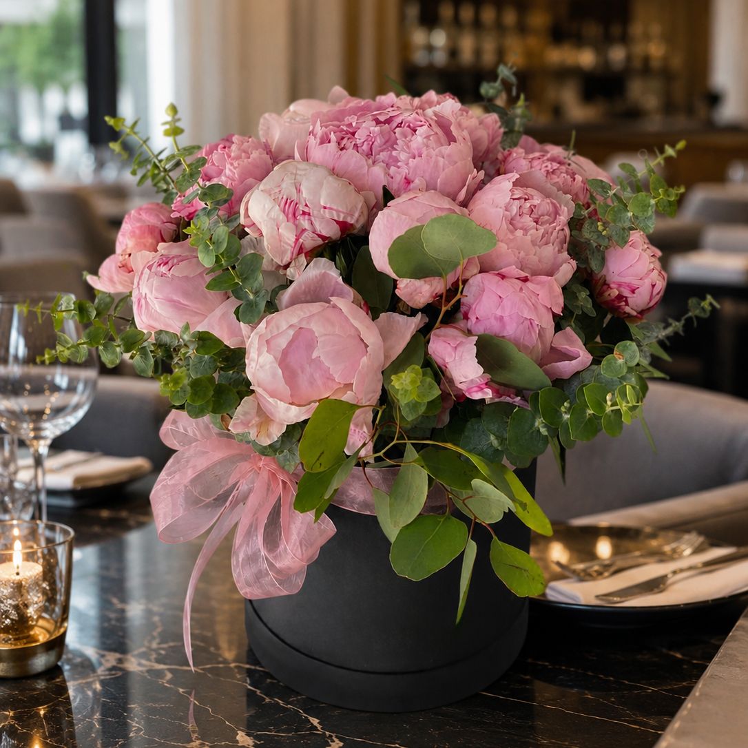 Bouquet Pink peonies in a black box