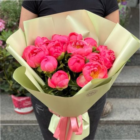peony (15 pcs.), eucalyptus, packaging, ribbon