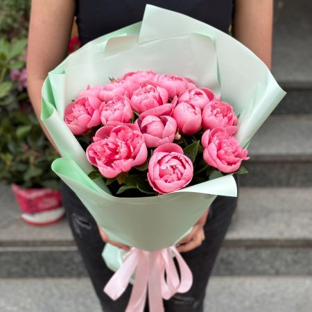 pink peony Salmon (15 pcs.), packaging, ribbon