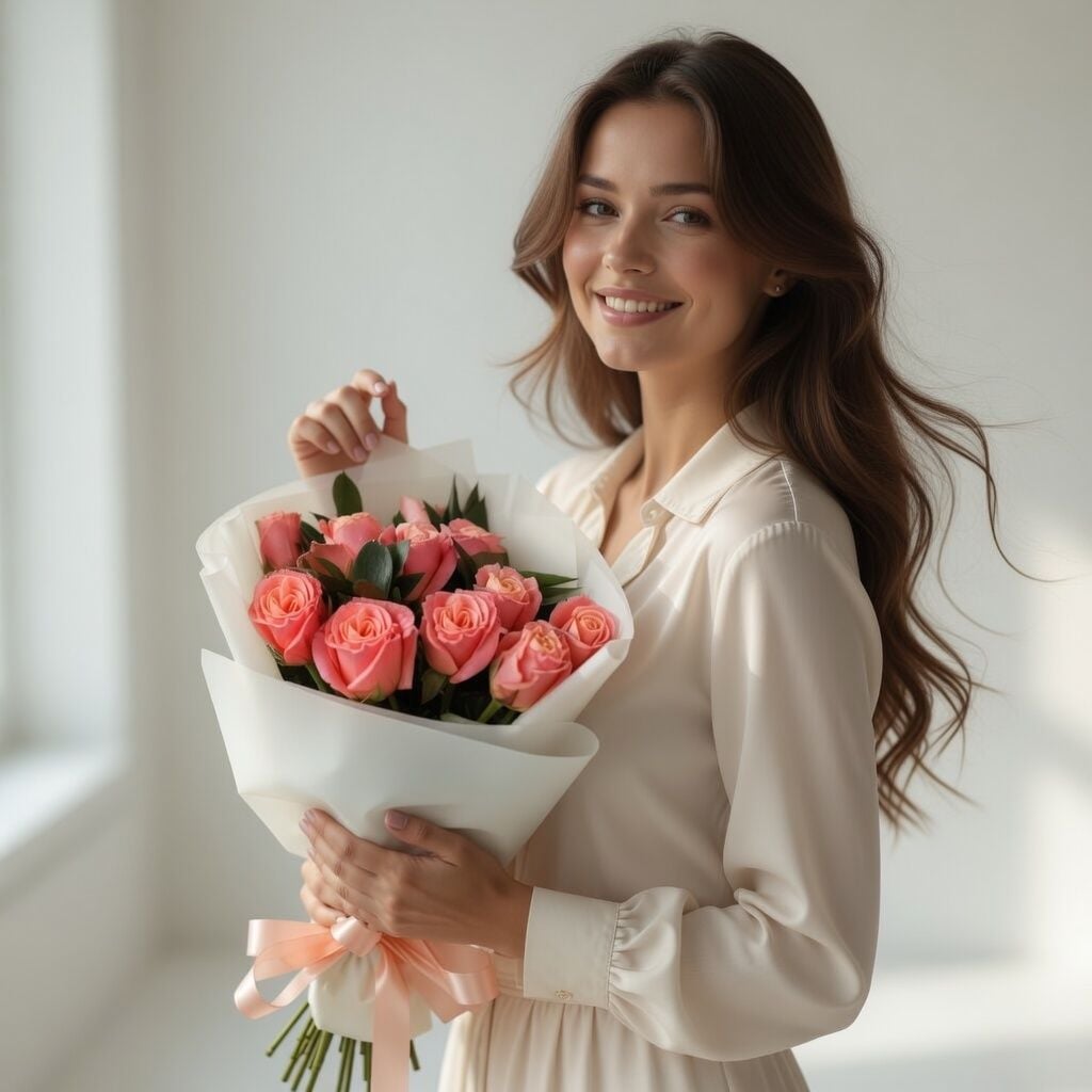 coral rose (11 pcs.), ruscus, packaging, ribbon