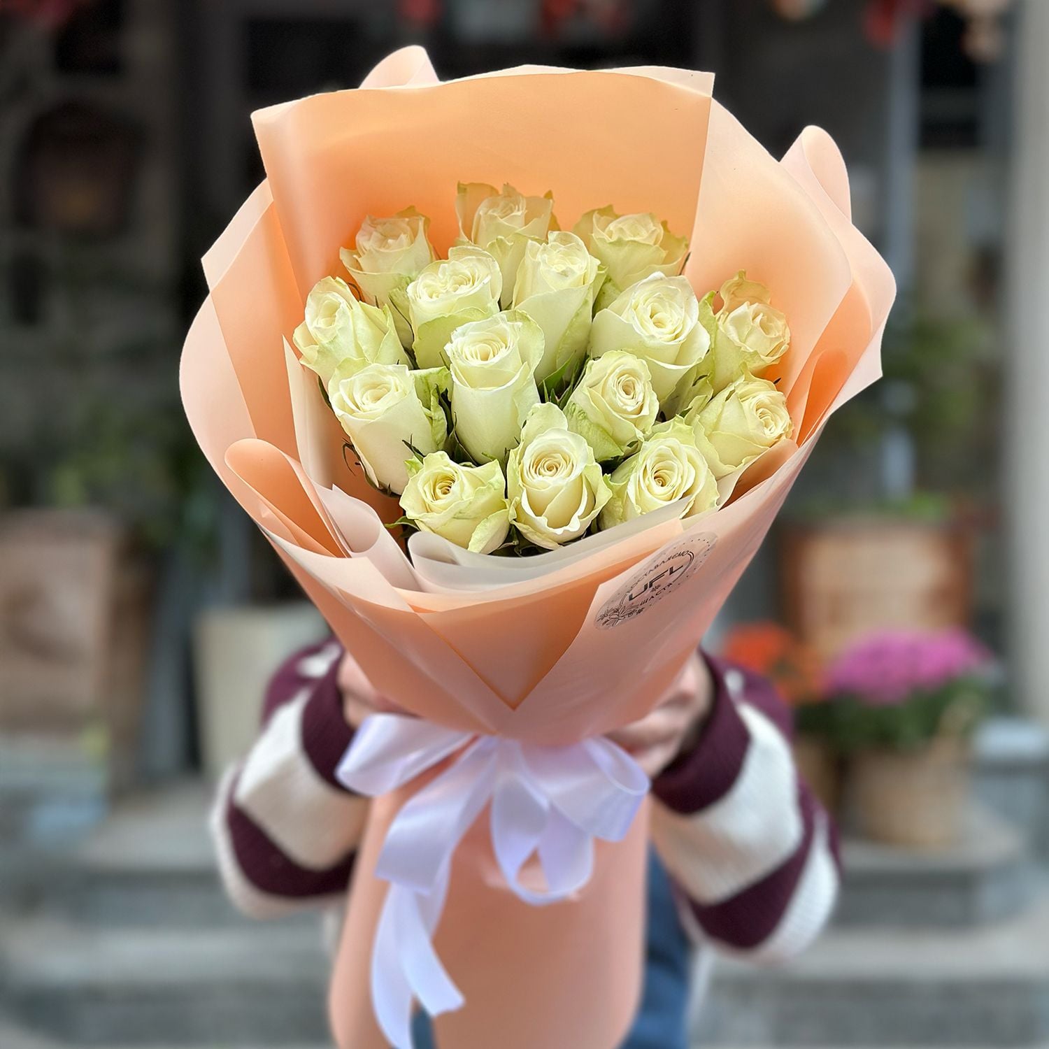 white rose (15 pcs.), packaging, ribbon