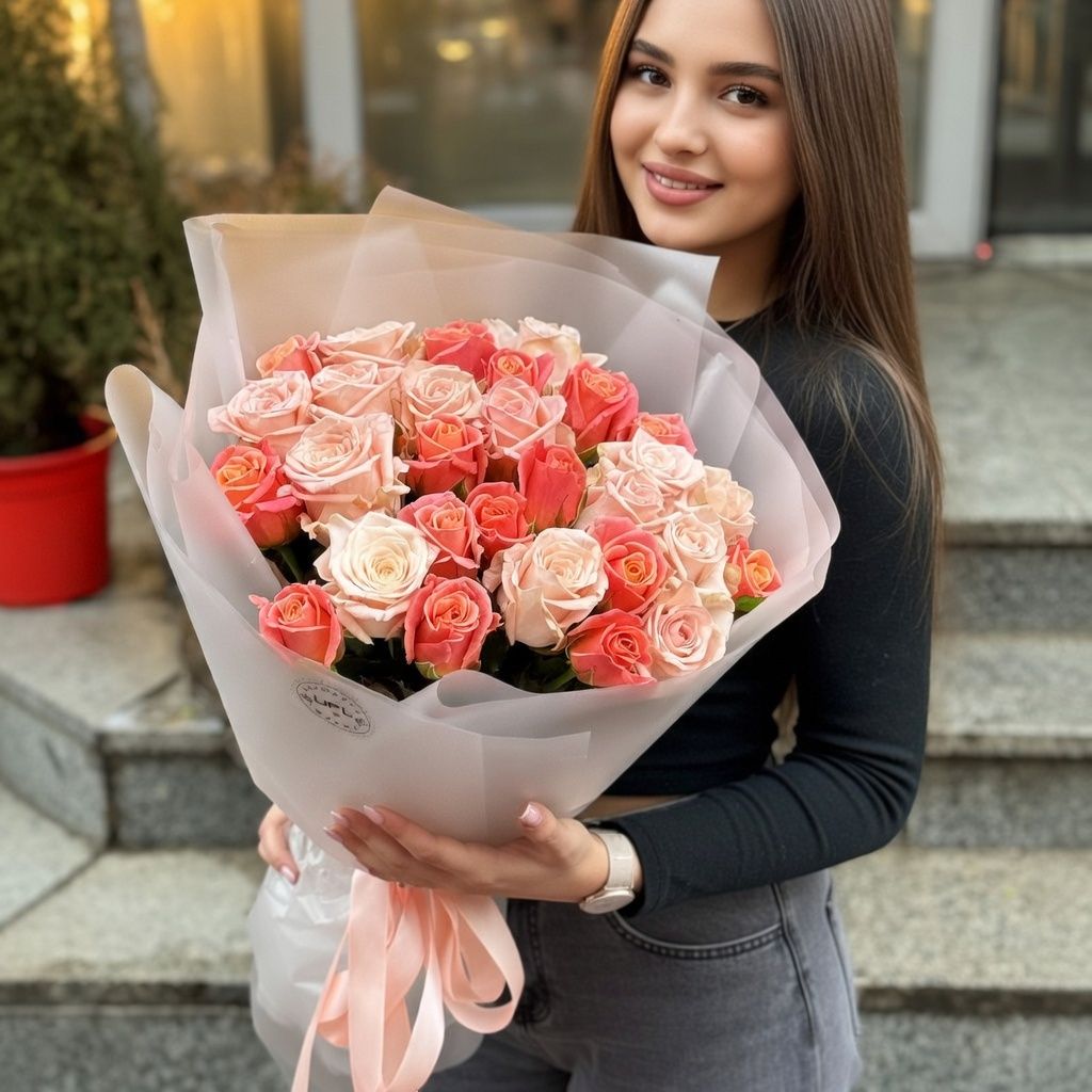 coral rose (15 pcs.), packaging, ribbon