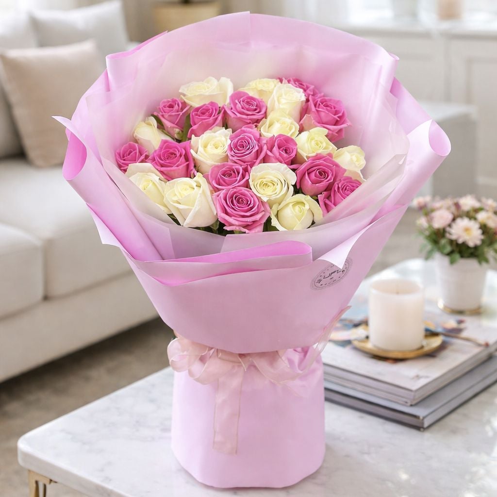 pink rose (13 pcs.), packaging, ribbon, white rose (12 pcs.)