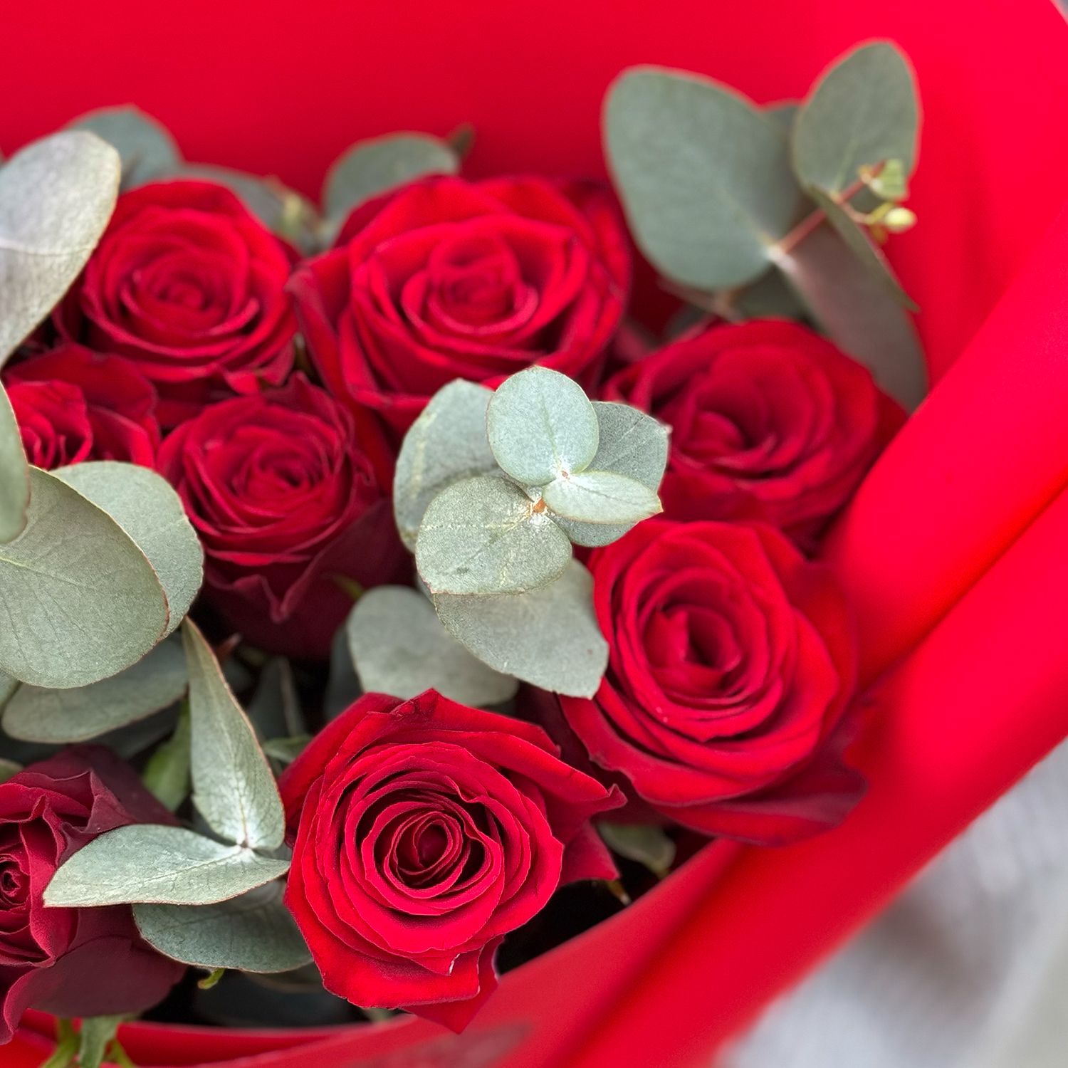 eucalyptus, rose (11 pcs.), packaging, ribbon