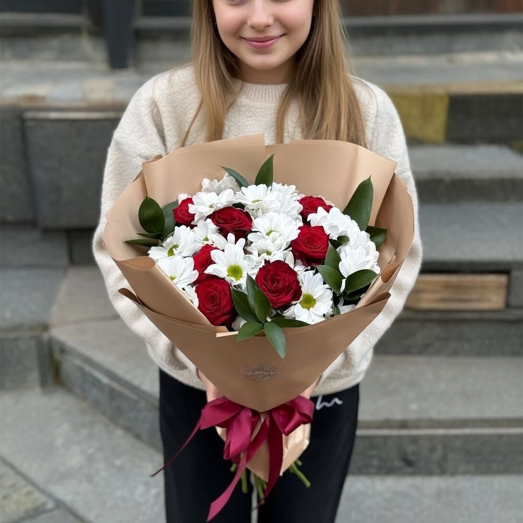 white spray chrysanthemum, red rose (7 pcs.), packaging, ribbon