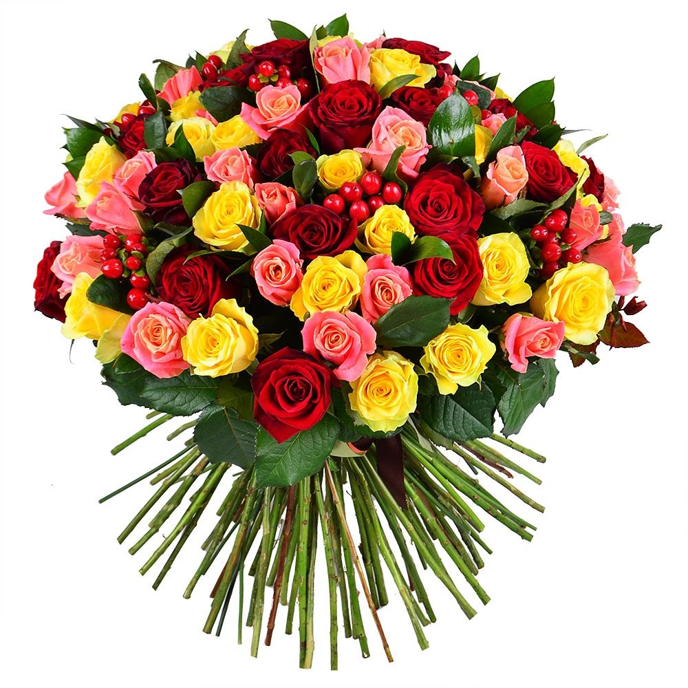 hypericum (10 pcs.), red rose (35 pcs.), coral rose (35 pcs.), yellow rose (31 pcs.), packaging, ribbon