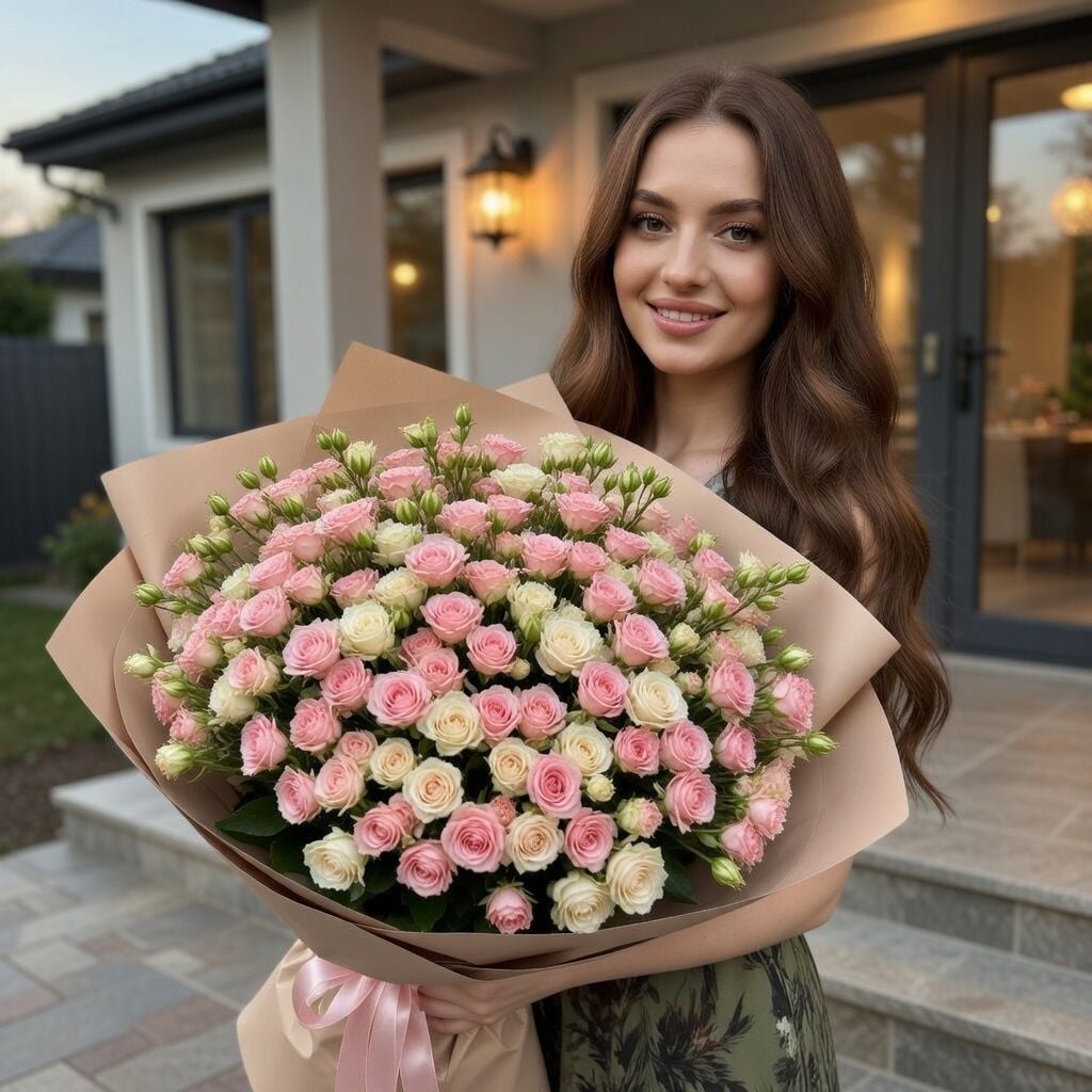 cream bush rose (17 pcs.), packaging, ribbon