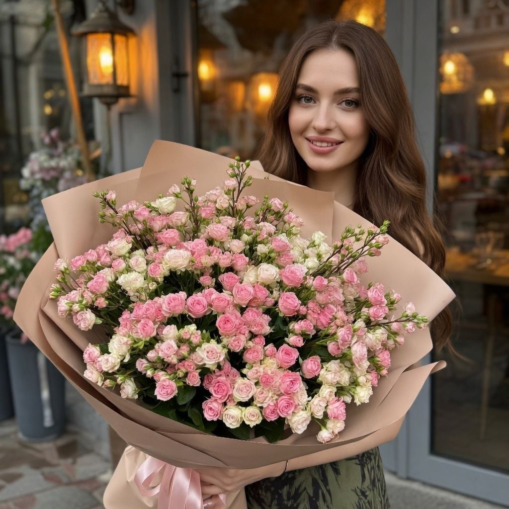 cream bush rose (17 pcs.), packaging, ribbon