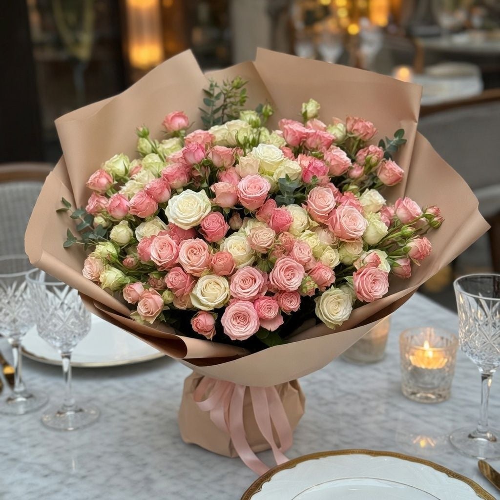 cream bush rose (17 pcs.), packaging, ribbon