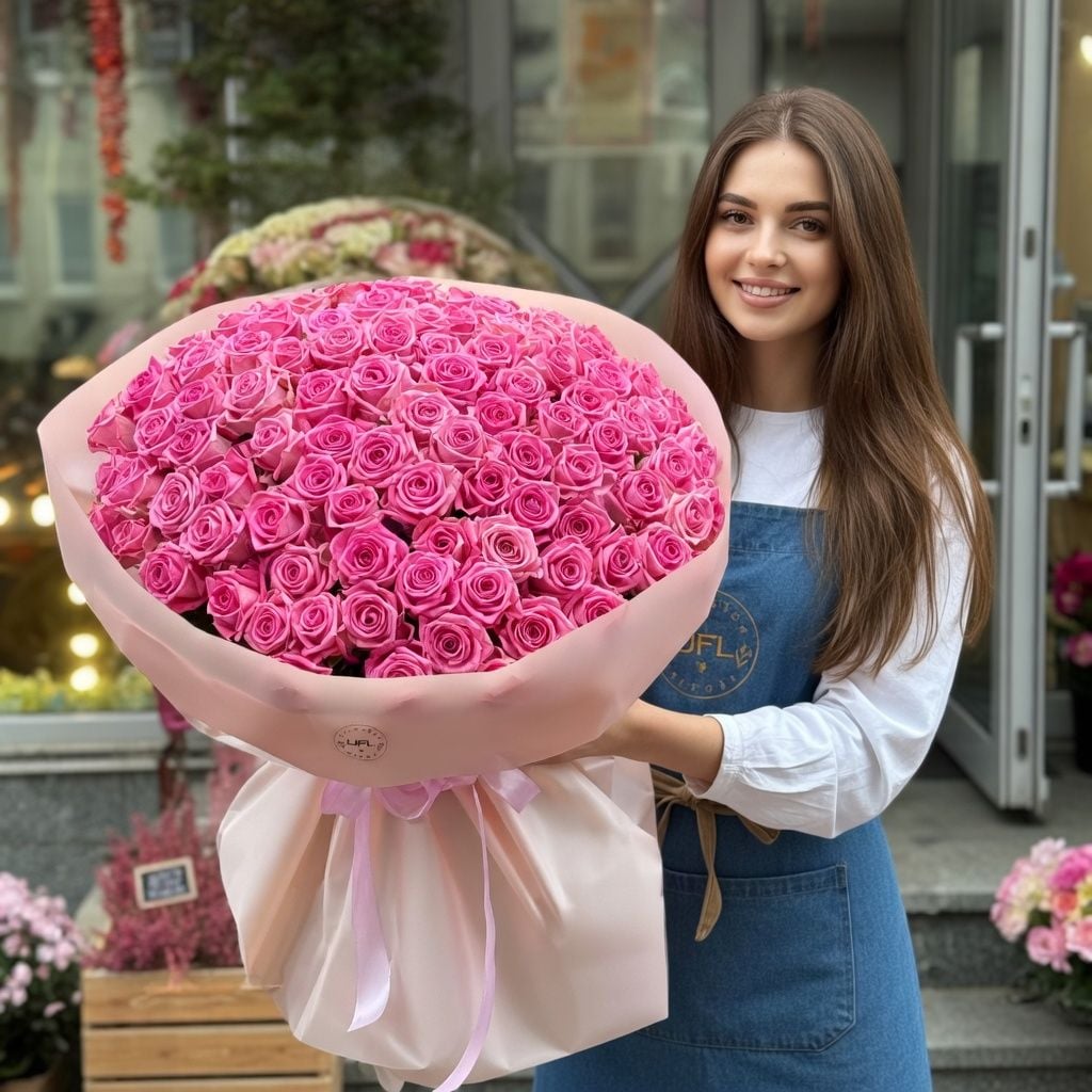 pink rose (101 pcs.), packaging, ribbon