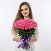 pink rose (25 pcs.), packaging, ribbon