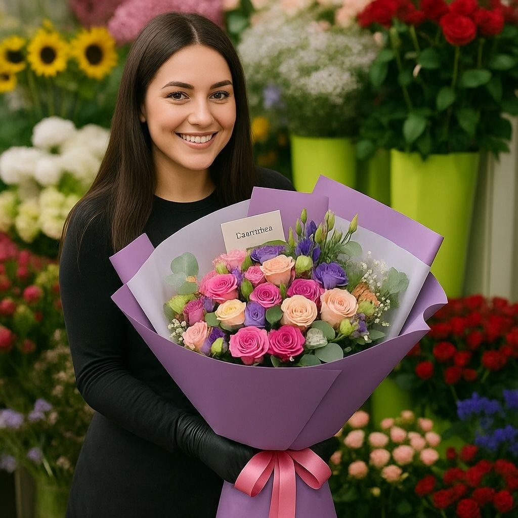 spray roses, trachelium, rose silva pink bubbles, violet eustoma, eucalyptus, packaging, ribbon