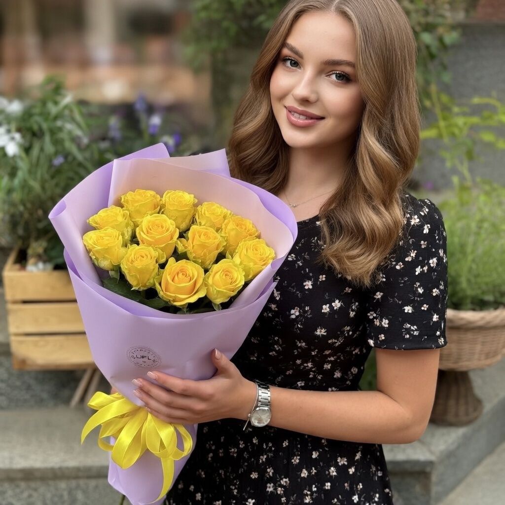 yellow rose (7 pcs.), packaging, ribbon