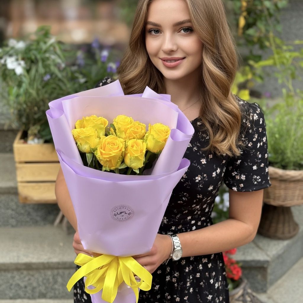 yellow rose (7 pcs.), packaging, ribbon