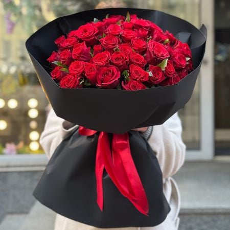 Bouquet 51 red roses in black wrapping