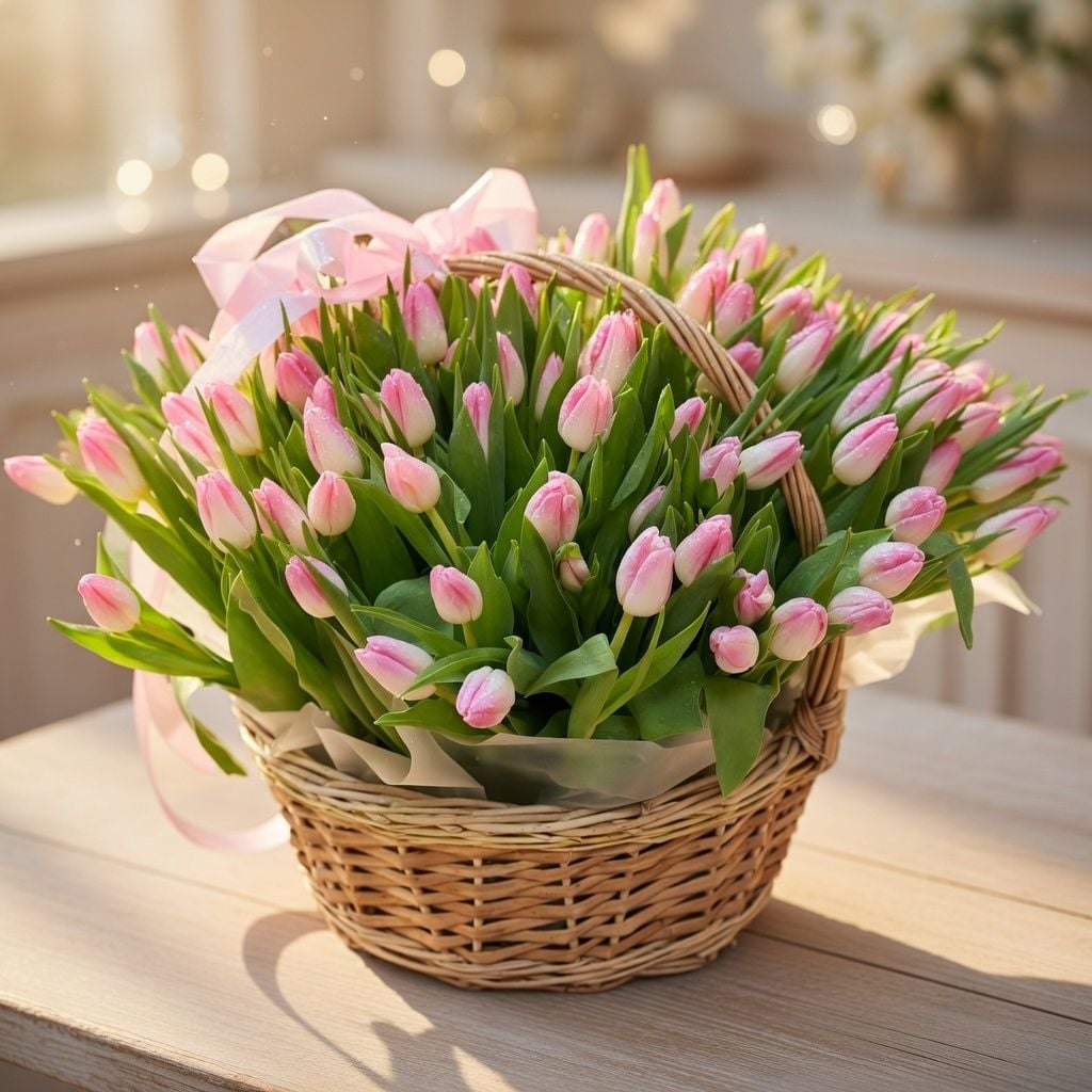 Bouquet 101 tulips in a basket