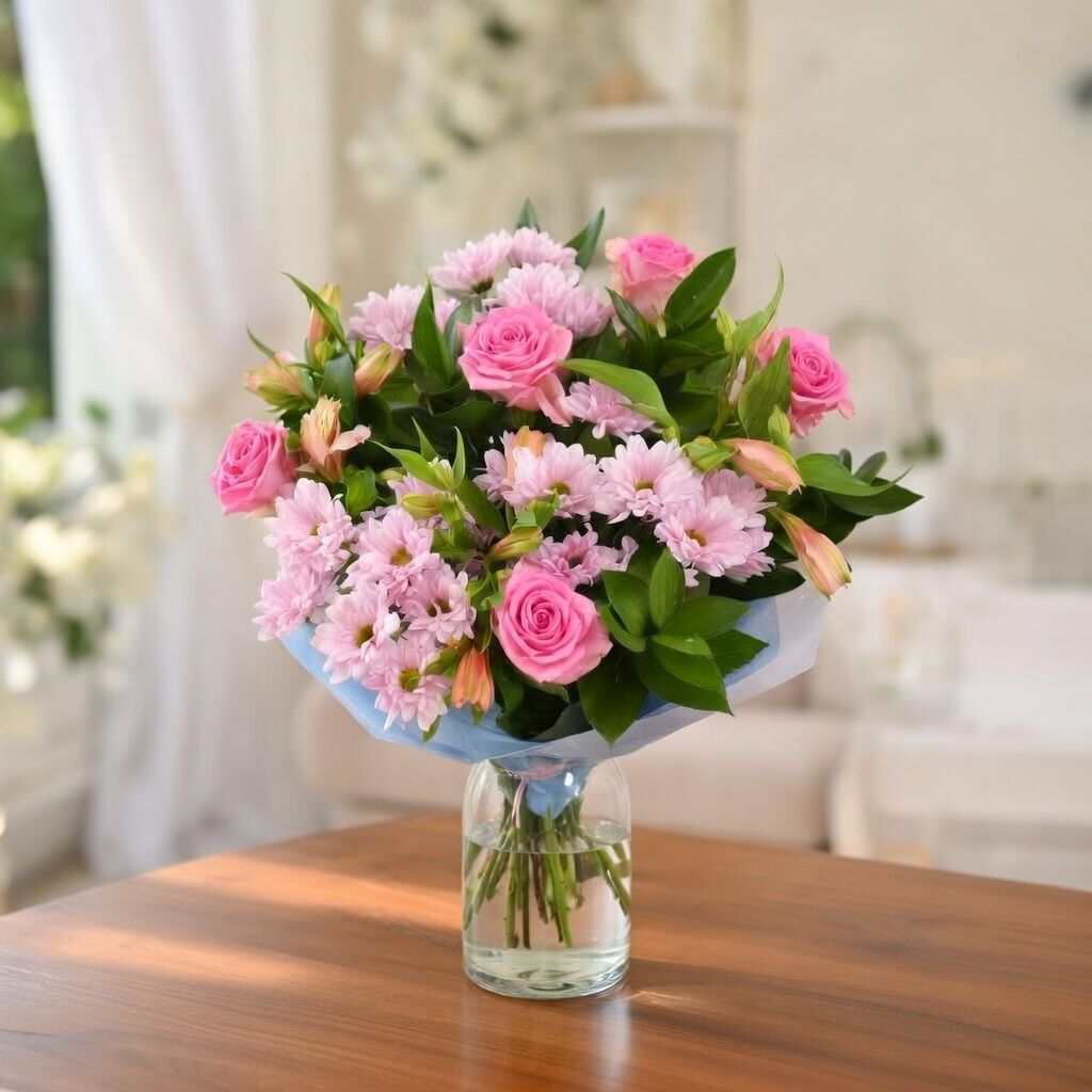 pink rose, pink alstroemeria, pink chrysanthemum, packaging, ribbon