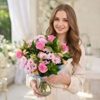 pink rose, pink alstroemeria, pink chrysanthemum, packaging, ribbon