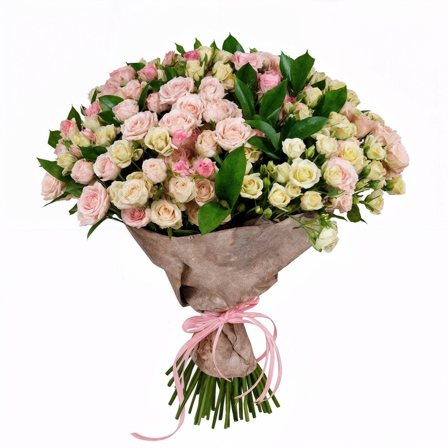 pink spray roses (11 pcs.), packaging, ribbon
