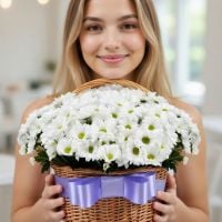 greens, basket m, oasis, white spray chrysanthemum (25 pcs.), packaging, ribbon
